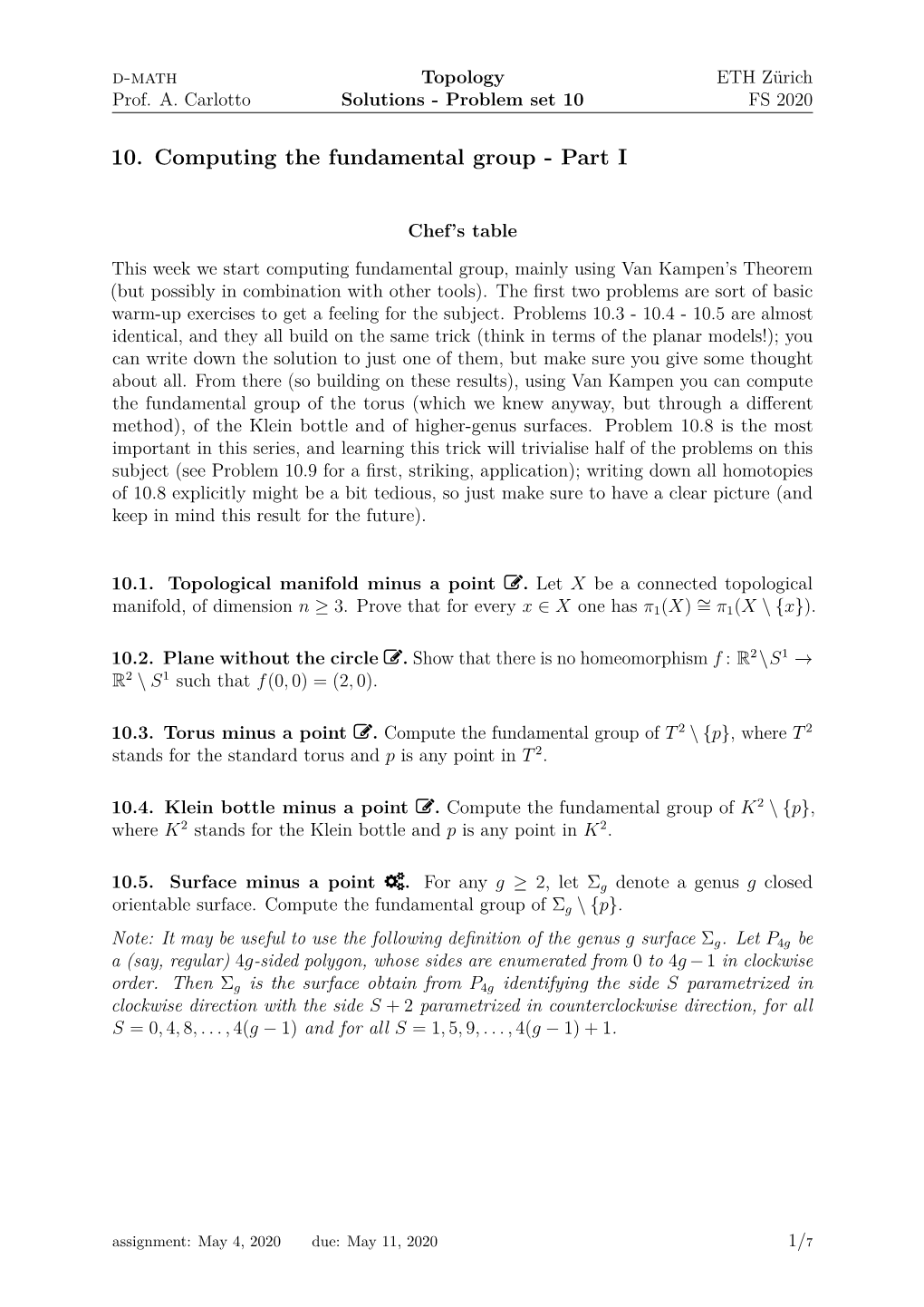 Problem Set 10 ETH Zürich FS 2020