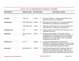 CITY of FLORISSANT STREET GUIDE Street Name Address Range Zip Code Ward Description of Street