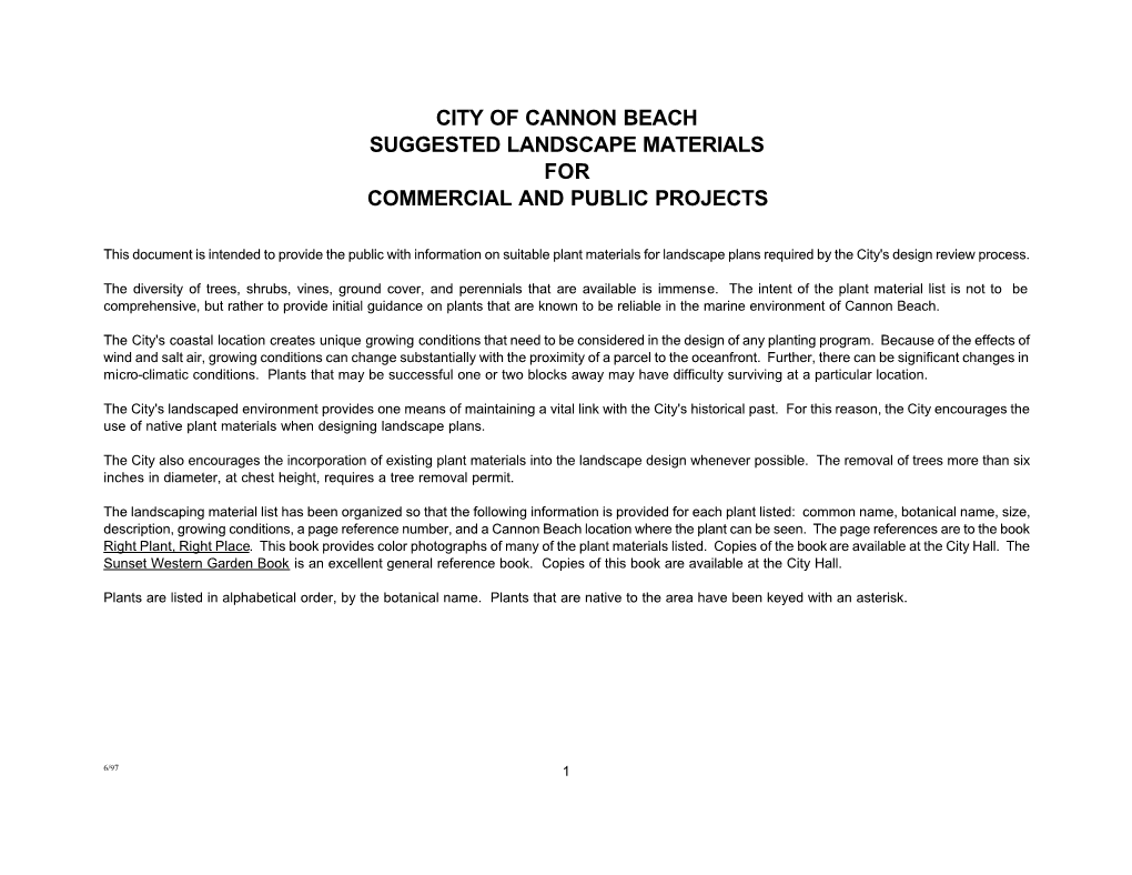 City of Cannon Beach Suggested Landscape Materials for Commercial and Public Projects