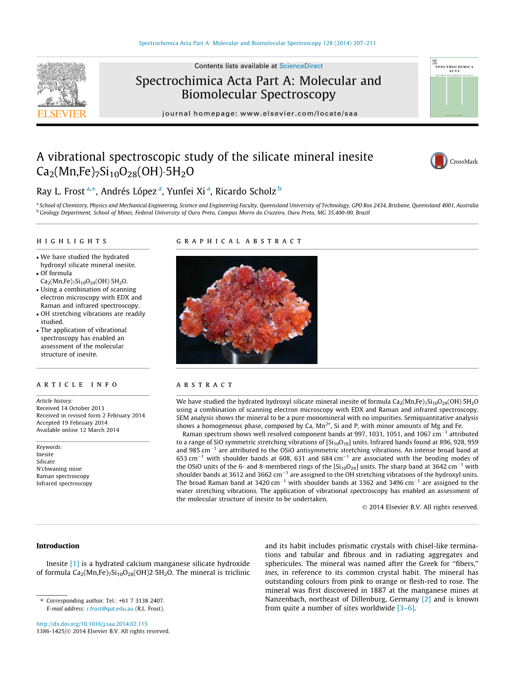 A Vibrational Spectroscopic Study of the Silicate Mineral Inesite Ca2