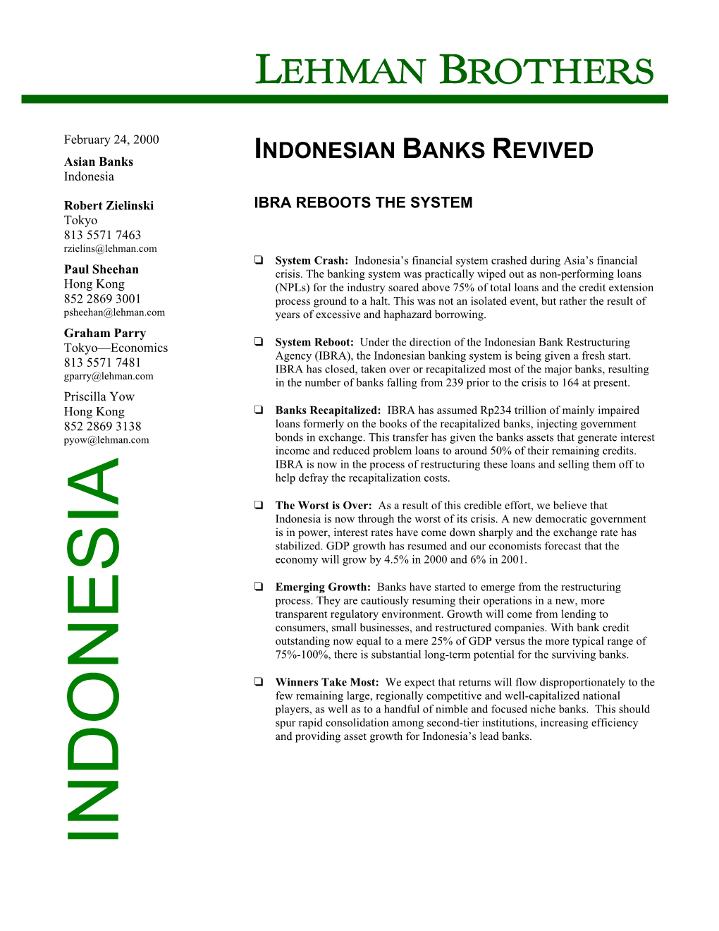 INDONESIAN BANKS REVIVED Indonesia