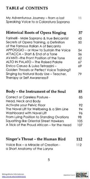 TABLE of CONTENTS Historical Roots of Opera Singing 37 Body