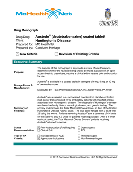Austedo (Deutetrabenazine) Coated Tablet/ Class: Huntington’S Disease Prepared For: MO Healthnet Prepared By: Conduent Heritage