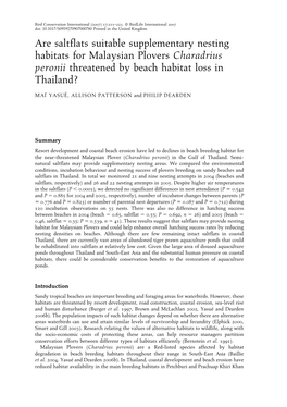 Are Saltflats Suitable Supplementary Nesting Habitats for Malaysian Plovers Charadrius Peronii Threatened by Beach Habitat Loss in Thailand?