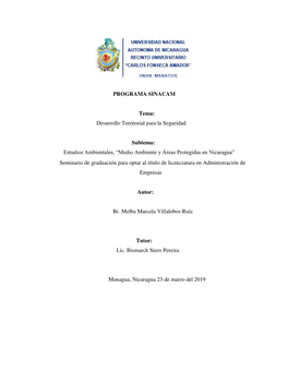 Estudios Ambientales, “Medio Ambiente Y Áreas Protegidas En Nicaragua” Seminario De Graduación Para Optar Al Título De Licenciatura En Administración De Empresas