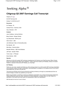 Citigroup Q3 2007 Earnings Call Transcript - Seeking Alpha Page 1 of 23