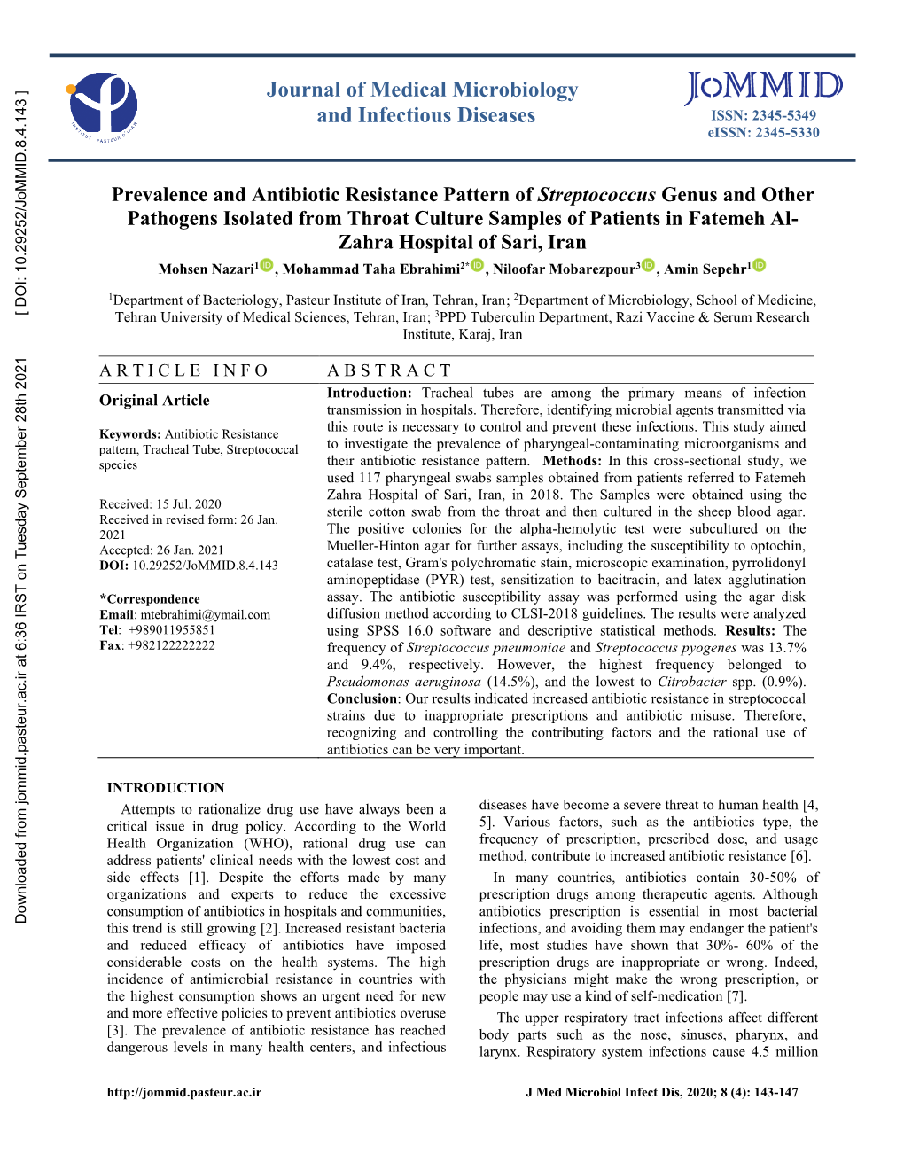 Prevalence and Antibiotic Resistance Pattern of Streptococcus Genus And