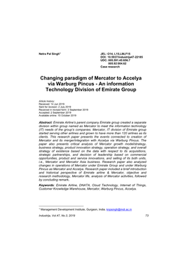 Changing Paradigm of Mercator to Accelya Via Warburg Pincus - an Information Technology Division of Emirate Group
