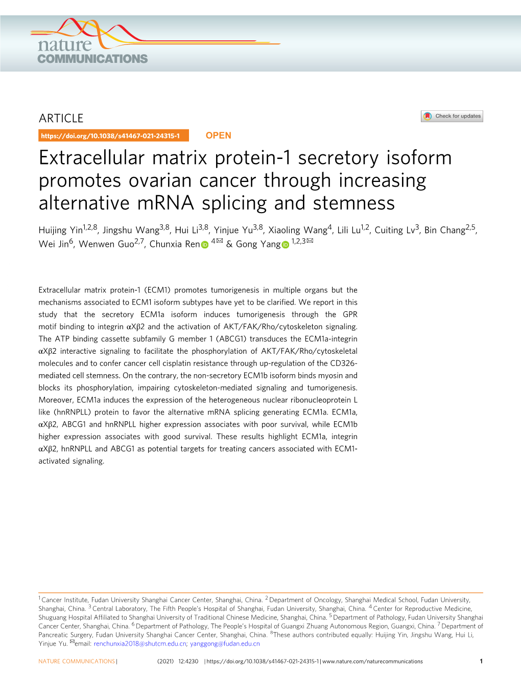 Extracellular Matrix Protein-1 Secretory Isoform Promotes Ovarian Cancer Through Increasing Alternative Mrna Splicing and Stemness