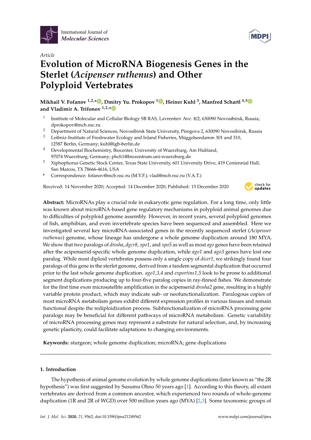 Evolution of Microrna Biogenesis Genes in the Sterlet (Acipenser Ruthenus) and Other Polyploid Vertebrates