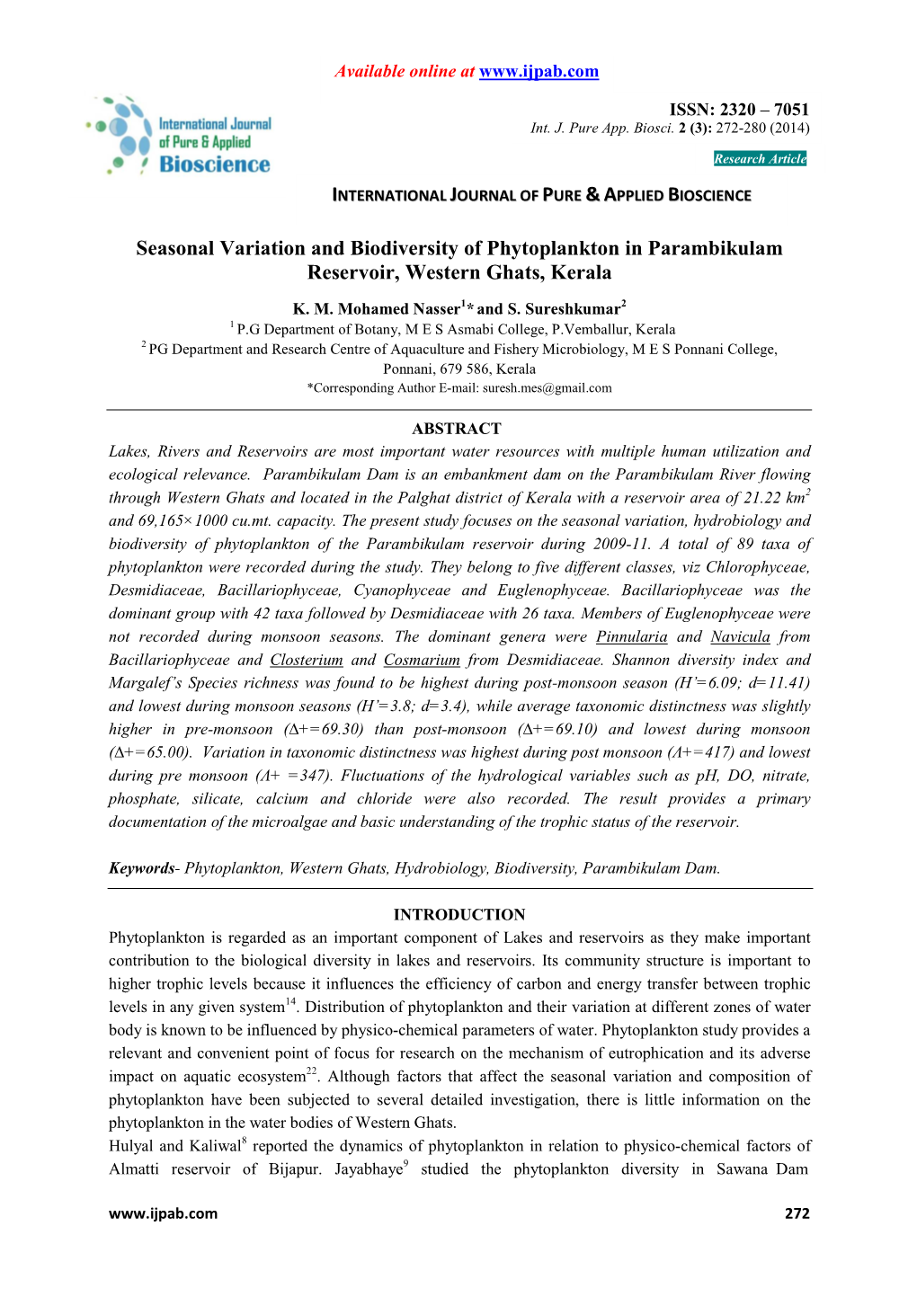 Seasonal Variation and Biodiversity of Phytoplankton in Parambikulam Reservoir, Western Ghats, Kerala