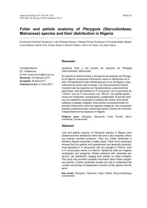 Foliar and Petiole Anatomy of Pterygota (Sterculioideae; Malvaceae) Species and Their Distribution in Nigeria