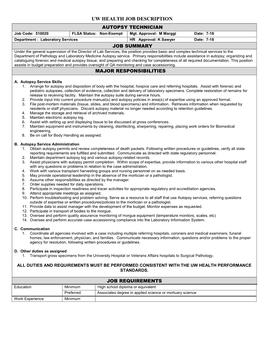 UW HEALTH JOB DESCRIPTION AUTOPSY TECHNICIAN Job Code: 510020 FLSA Status: Non-Exempt Mgt