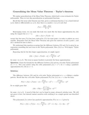 Generalizing the Mean Value Theorem -Taylor's Theorem