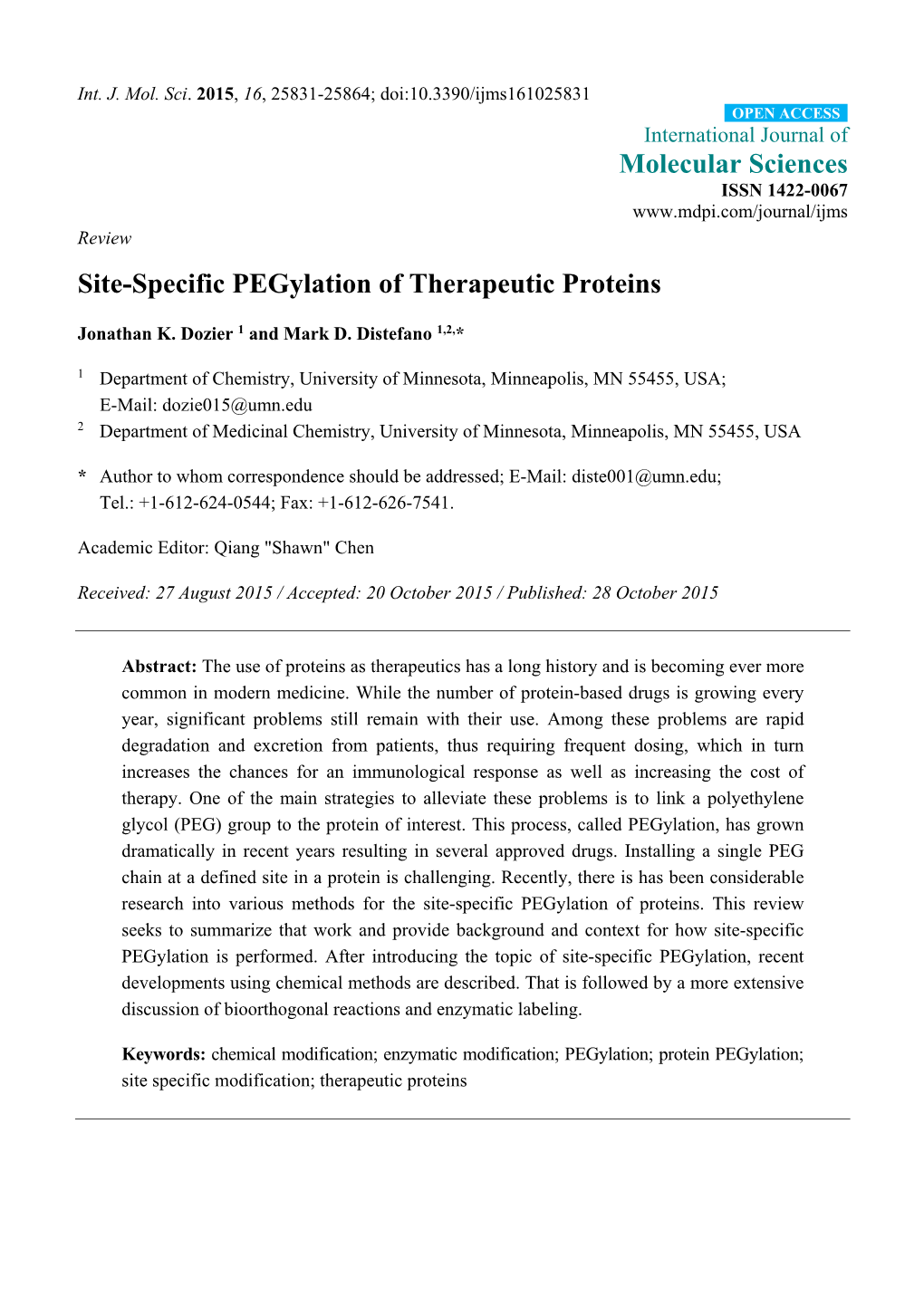 Site-Specific Pegylation of Therapeutic Proteins