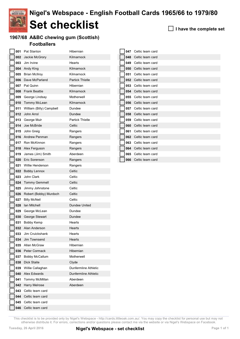 Set Checklist I Have the Complete Set 1967/68 A&BC Chewing Gum (Scottish) Footballers