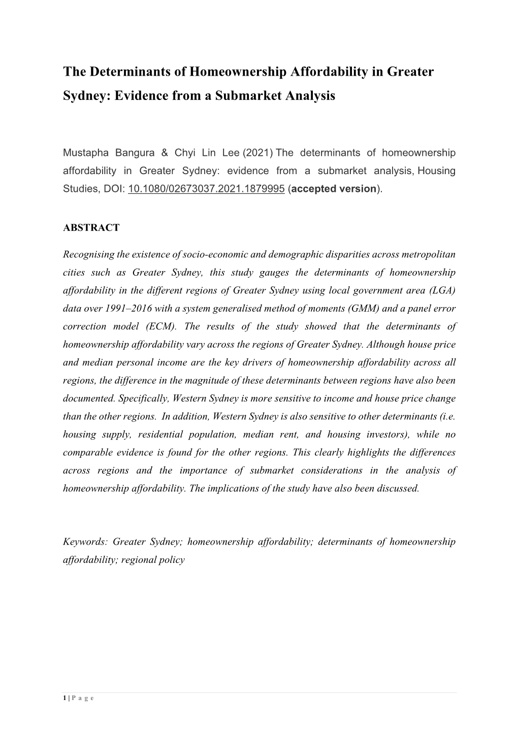 The Determinants of Homeownership Affordability in Greater Sydney: Evidence from a Submarket Analysis