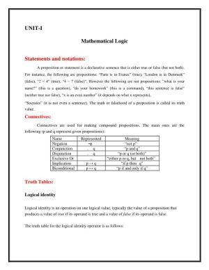 UNIT-I Mathematical Logic Statements and Notations