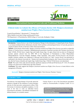 International Journal of Ayurveda and Traditional Medicine Clinical Study to Evaluate the Efficacy of ​Vamana Karma​ with M