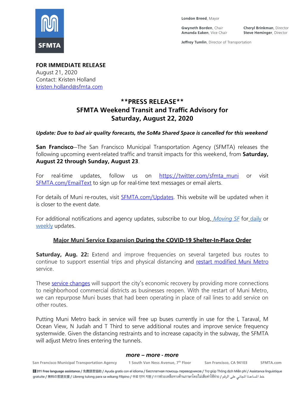 **PRESS RELEASE** SFMTA Weekend Transit and Traffic Advisory for Saturday, August 22, 2020