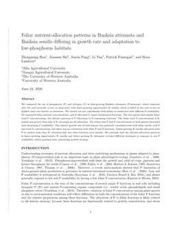 Foliar Nutrient-Allocation Patterns in Banksia Attenuata and Banksia