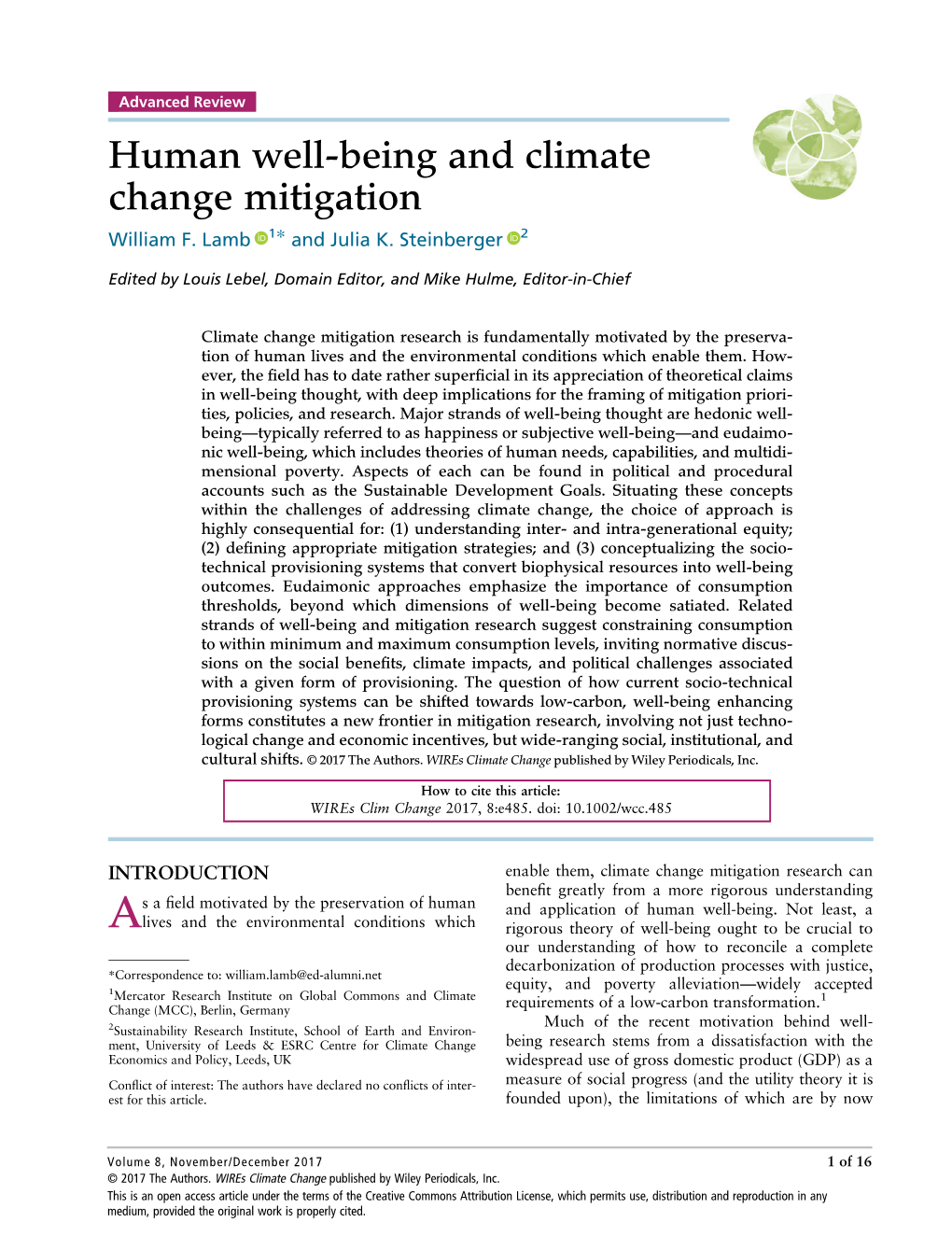 Human Well‐Being and Climate Change Mitigation