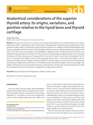 Anatomical Considerations of the Superior Thyroid Artery: Its Origins, Variations, and Position Relative to the Hyoid Bone and Thyroid Cartilage