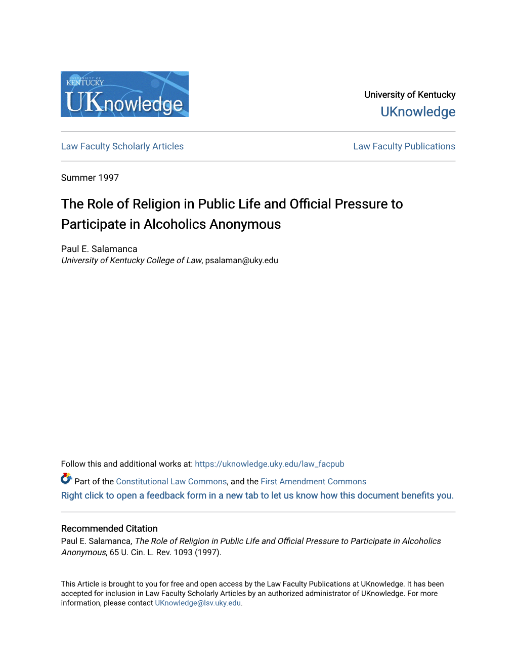 The Role of Religion in Public Life and Official Pressure to Participate in Alcoholics Anonymous, 65 U