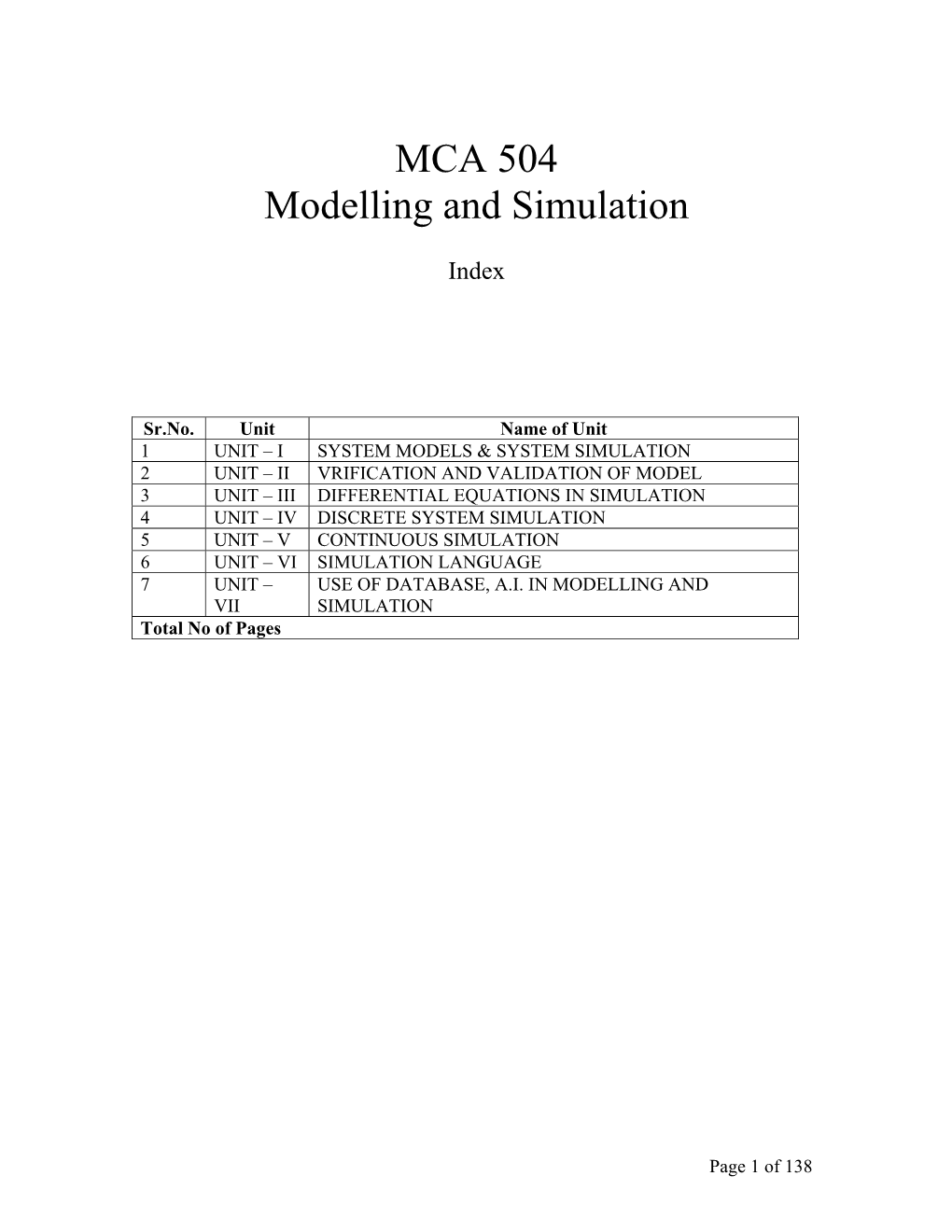 MCA 504 Modelling and Simulation