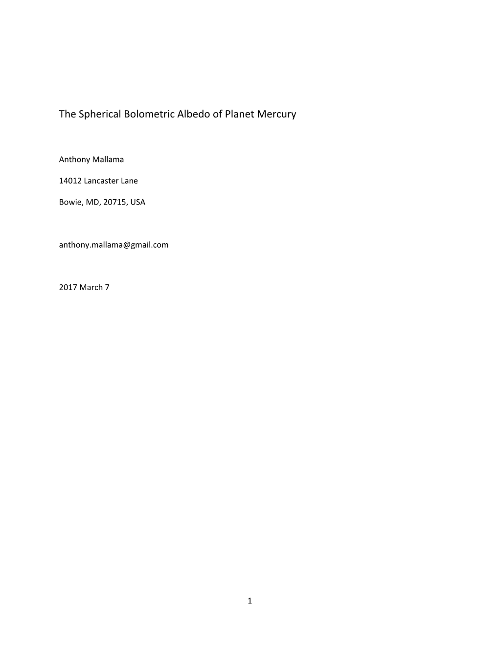 The Spherical Bolometric Albedo of Planet Mercury