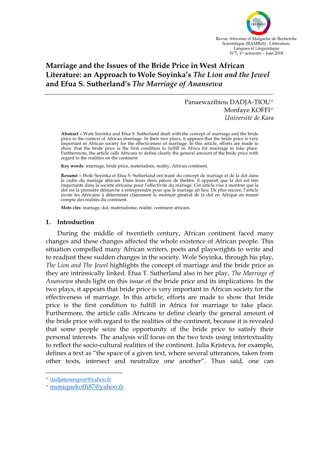 Marriage and the Issues of the Bride Price in West African Literature: an Approach to Wole Soyinka’S the Lion and the Jewel and Efua S