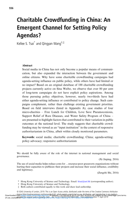 Charitable Crowdfunding in China: an Emergent Channel for Setting Policy Agendas? Kellee S