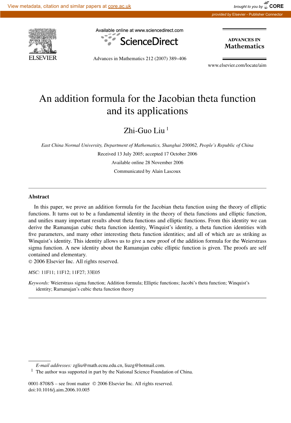 An Addition Formula for the Jacobian Theta Function and Its Applications