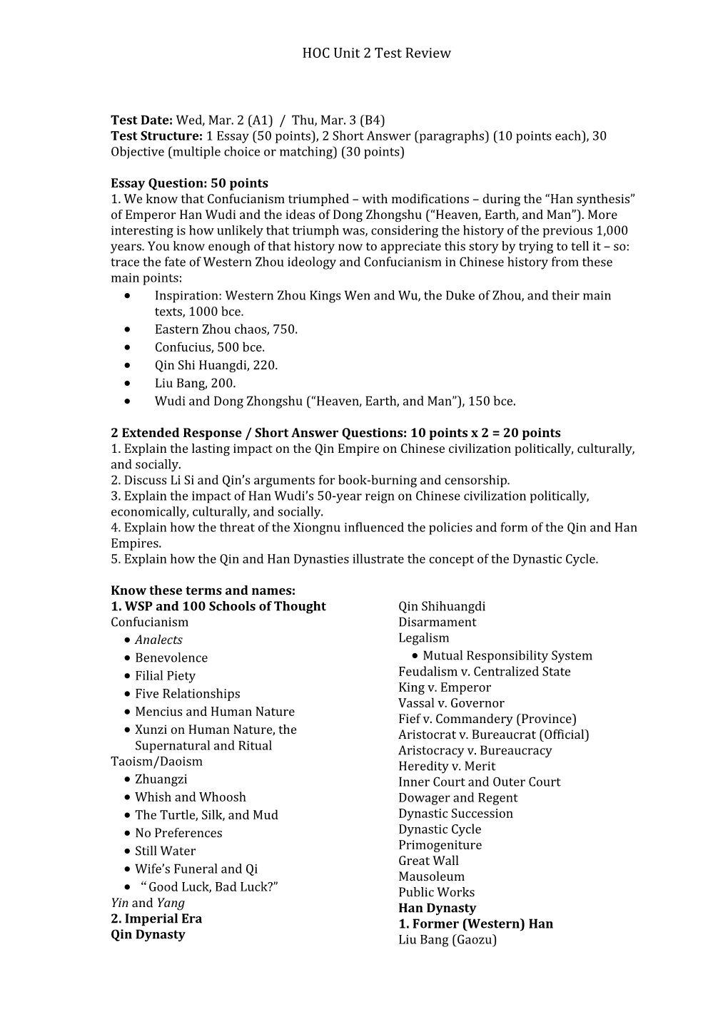 HOC Unit 2 Test Review