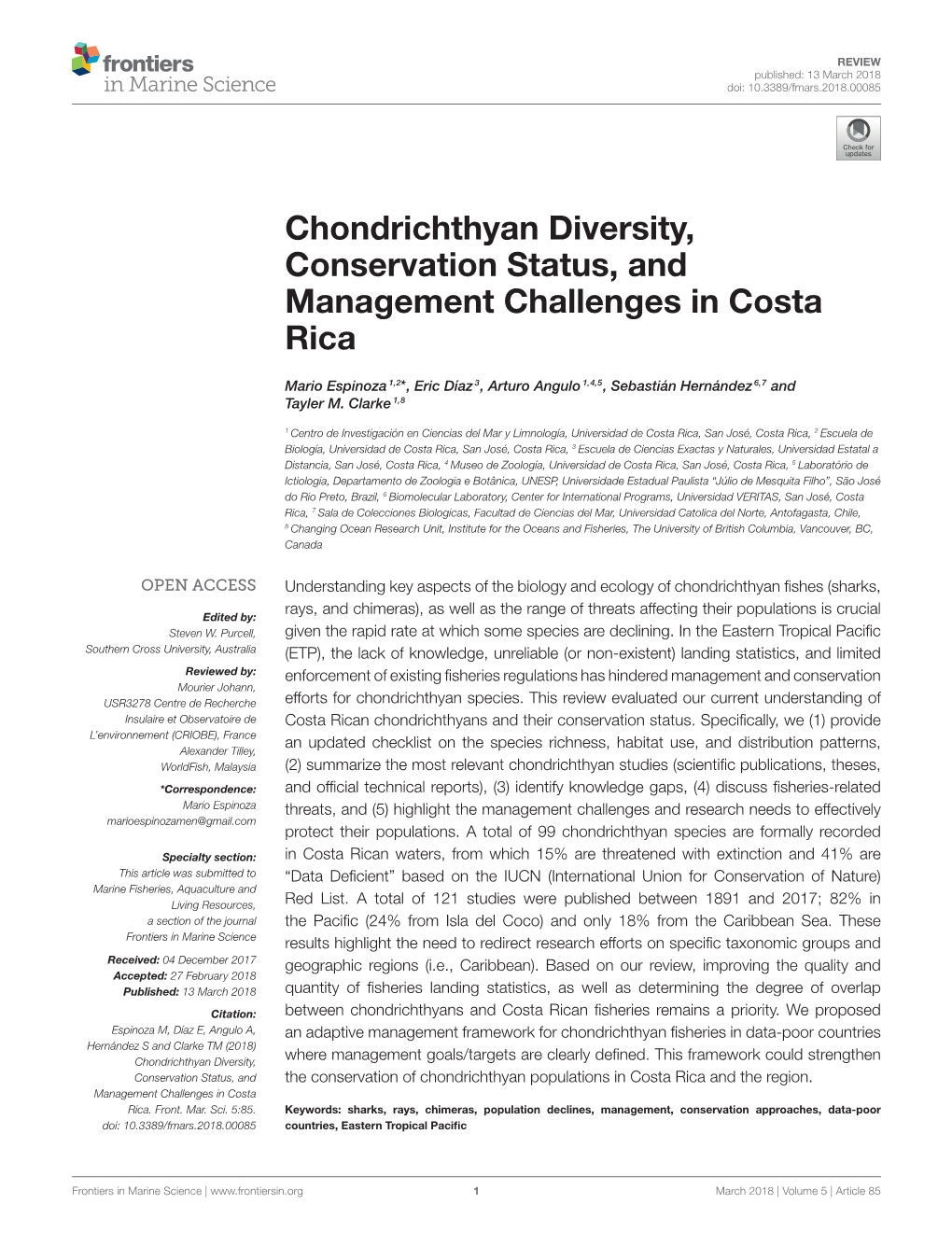 Chondrichthyan Diversity, Conservation Status, and Management Challenges in Costa Rica