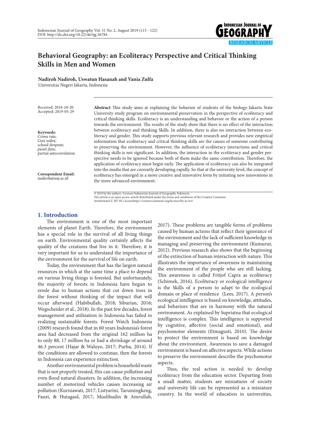 Behavioral Geography: an Ecoliteracy Perspective and Critical Thinking Skills in Men and Women