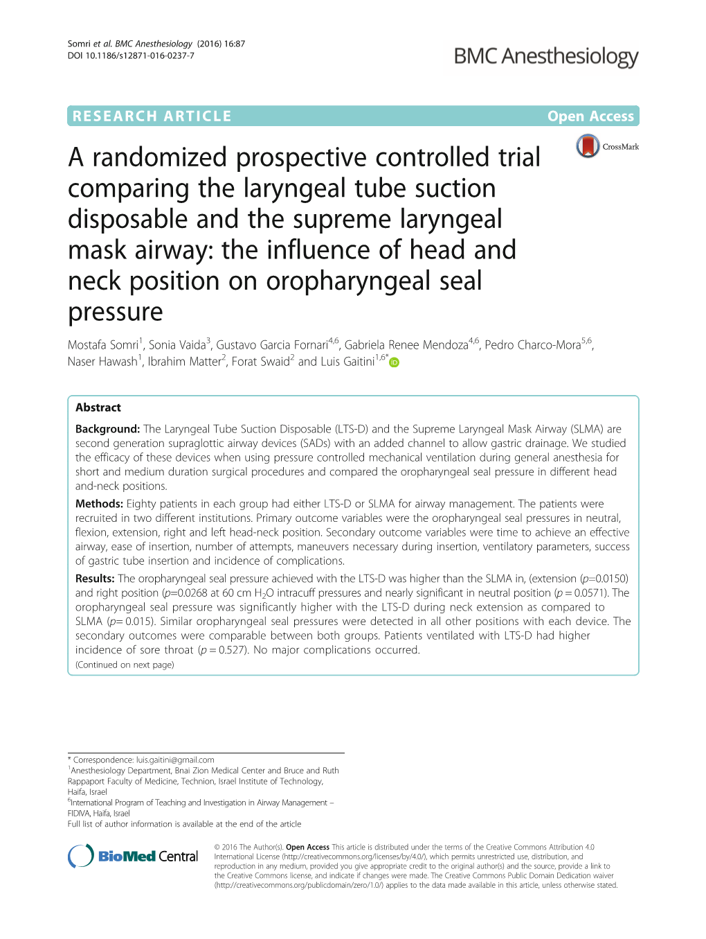 A Randomized Prospective Controlled Trial Comparing the Laryngeal Tube