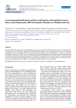 Correcting Misidentifications and First Confirmation of the Globally-Invasive Physa Acuta Draparnaud, 1805 (Gastropoda: Physidae) in Thailand and Laos