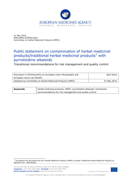 Public Statement on Contamination of Herbal Medicinal Products