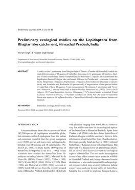 Preliminary Ecological Studies on the Lepidoptera from Khajjiar Lake Catchment, Himachal Pradesh, India