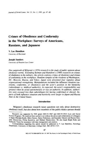 Crimes of Obedience and Conformity in the Workplace: Surveys of Americans, Russians, and Japanese