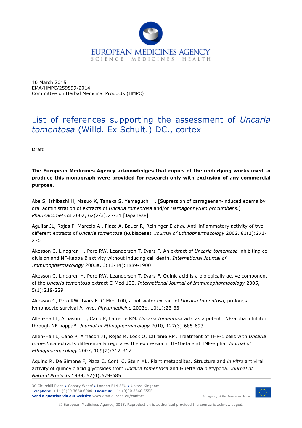 List of References Supporting the Assessment of Uncaria Tomentosa (Willd