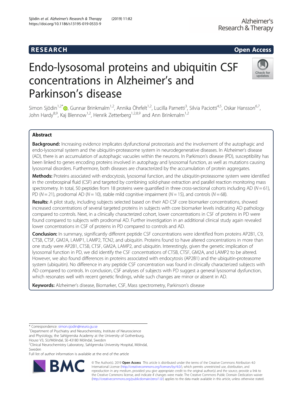 Endo-Lysosomal Proteins and Ubiquitin CSF Concentrations in Alzheimer's