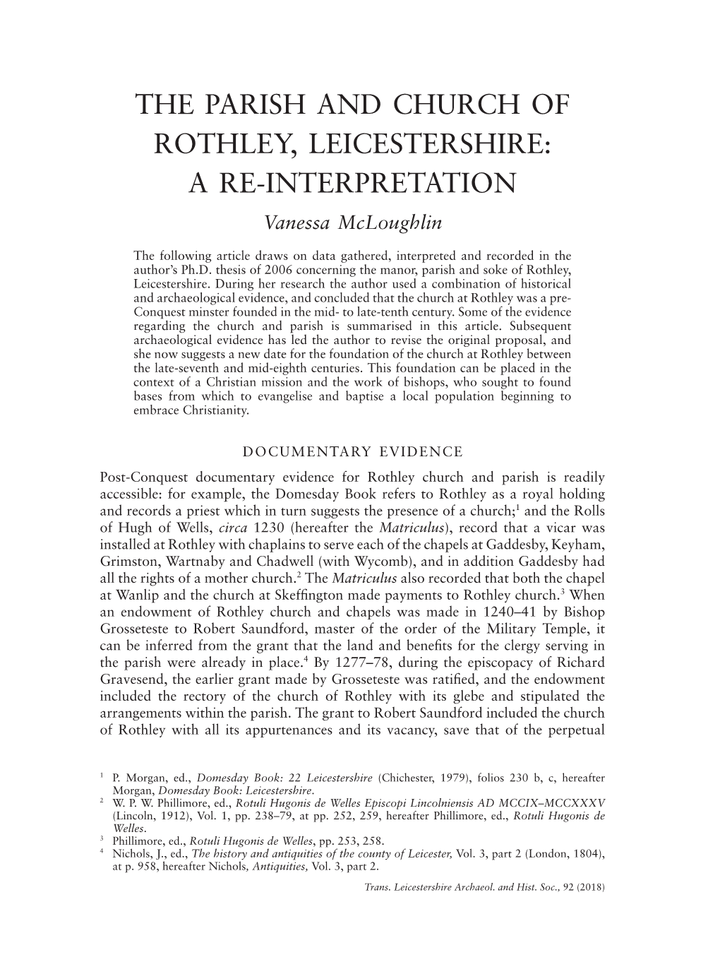 THE PARISH and CHURCH of ROTHLEY, LEICESTERSHIRE: a RE-INTERPRETATION Vanessa Mcloughlin