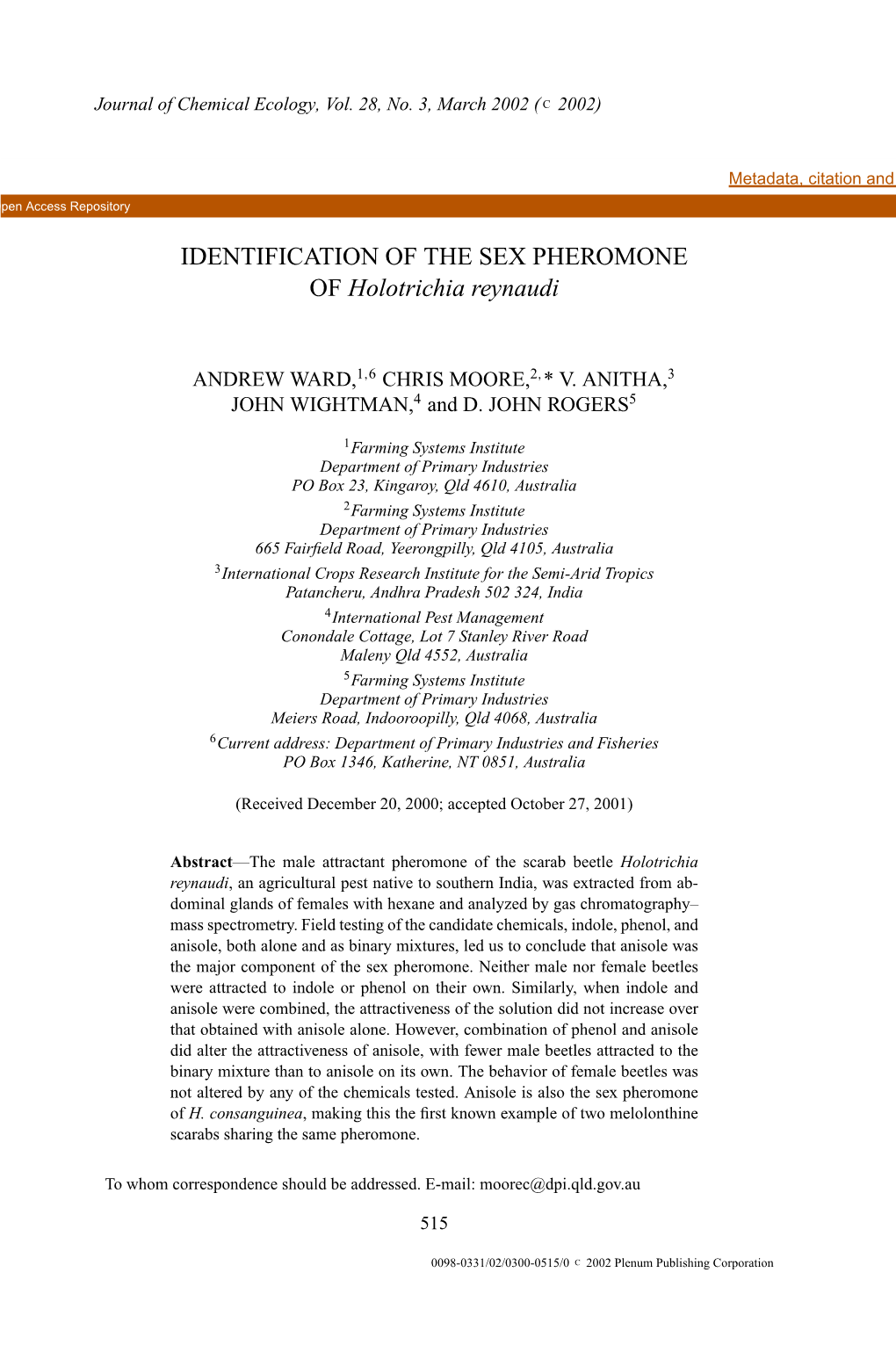 IDENTIFICATION of the SEX PHEROMONE of Holotrichia Reynaudi