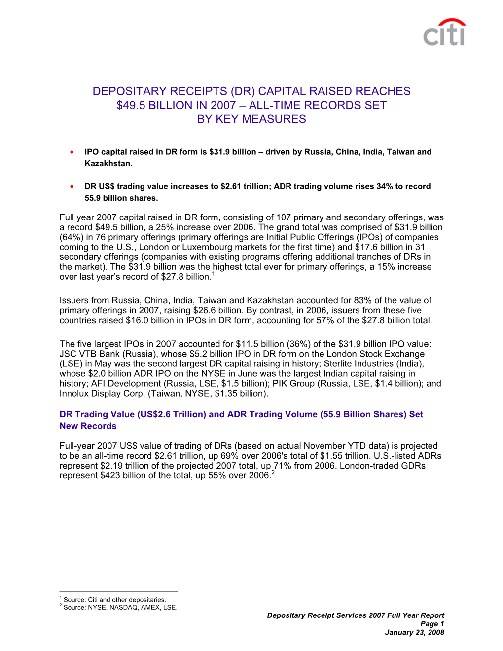 Depositary Receipts (Dr) Capital Raised Reaches $49.5 Billion in 2007 – All-Time Records Set by Key Measures