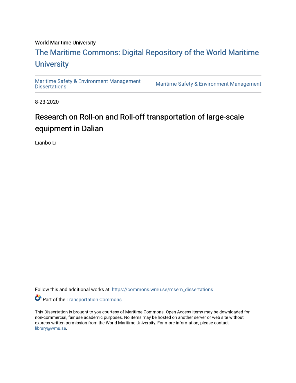 Research on Roll-On and Roll-Off Transportation of Large-Scale Equipment in Dalian