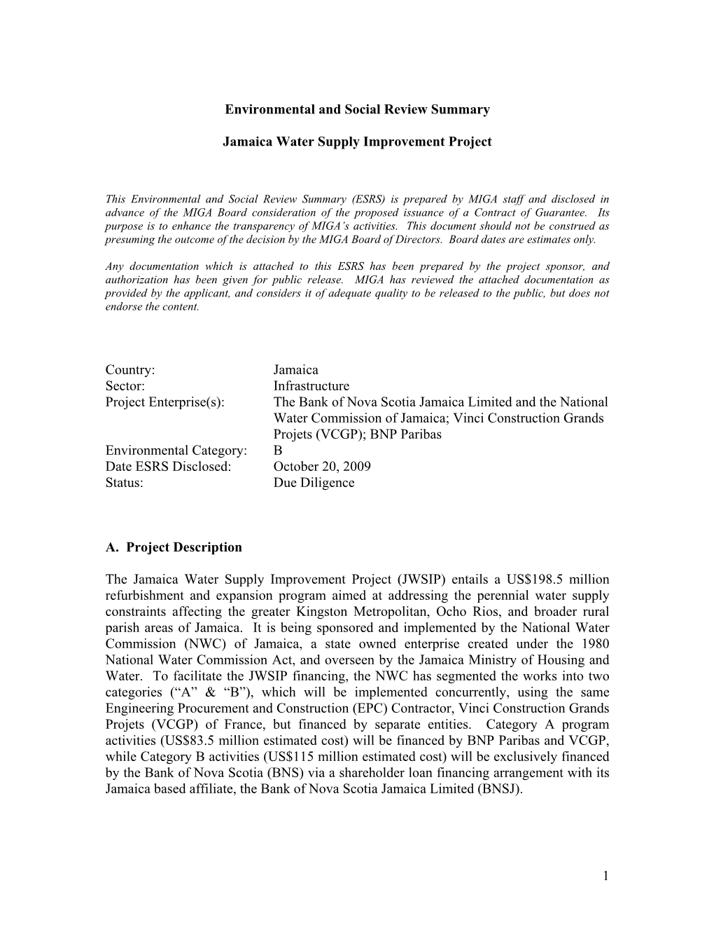 1 Environmental and Social Review Summary Jamaica Water Supply