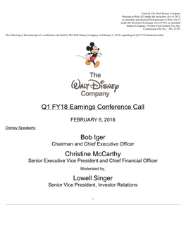 Q1 FY18 Earnings Conference Call Bob Iger Christine Mccarthy Lowell