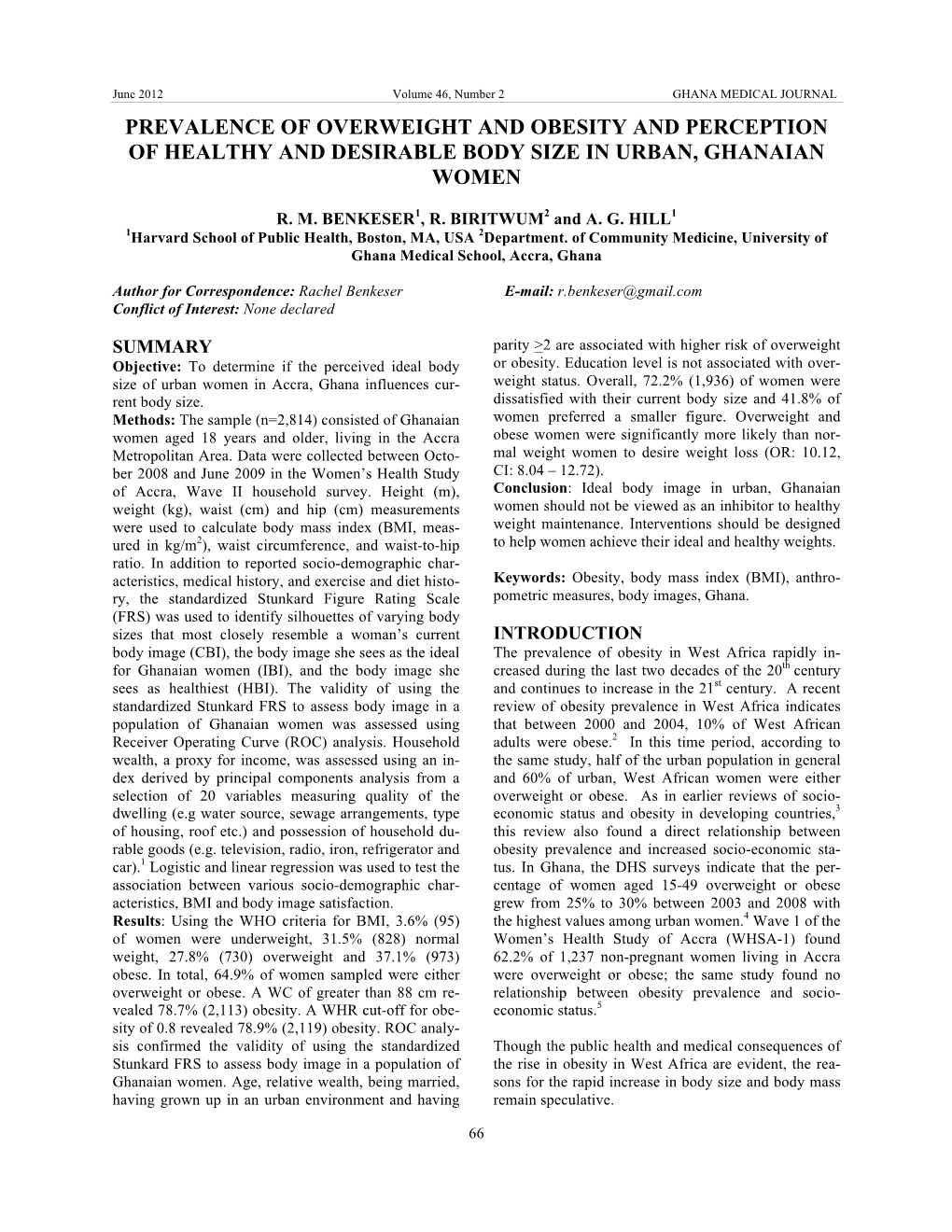 Prevalence of Overweight and Obesity and Perception of Healthy and Desirable Body Size in Urban, Ghanaian Women